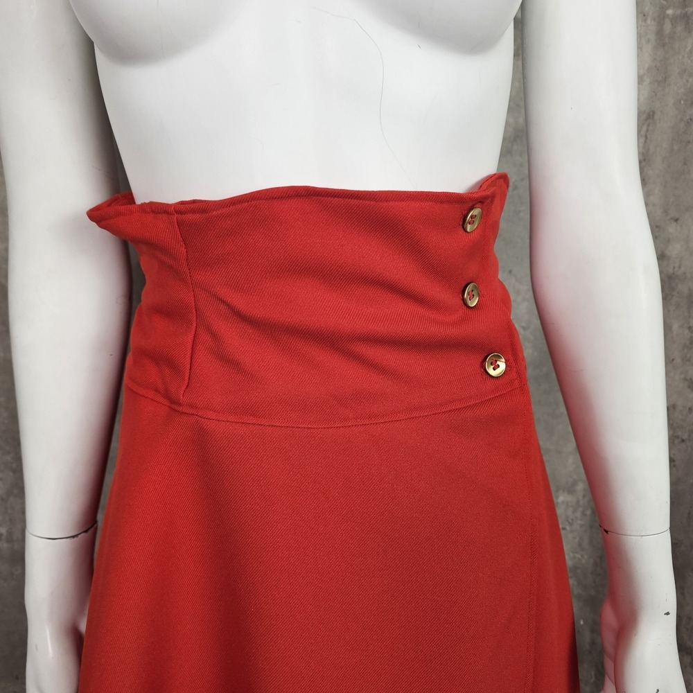 Vintage Handmade Size S Red Knit Polyester Hi Waisted Wrap Midi Skirt Tie Back - Picture 3 of 7